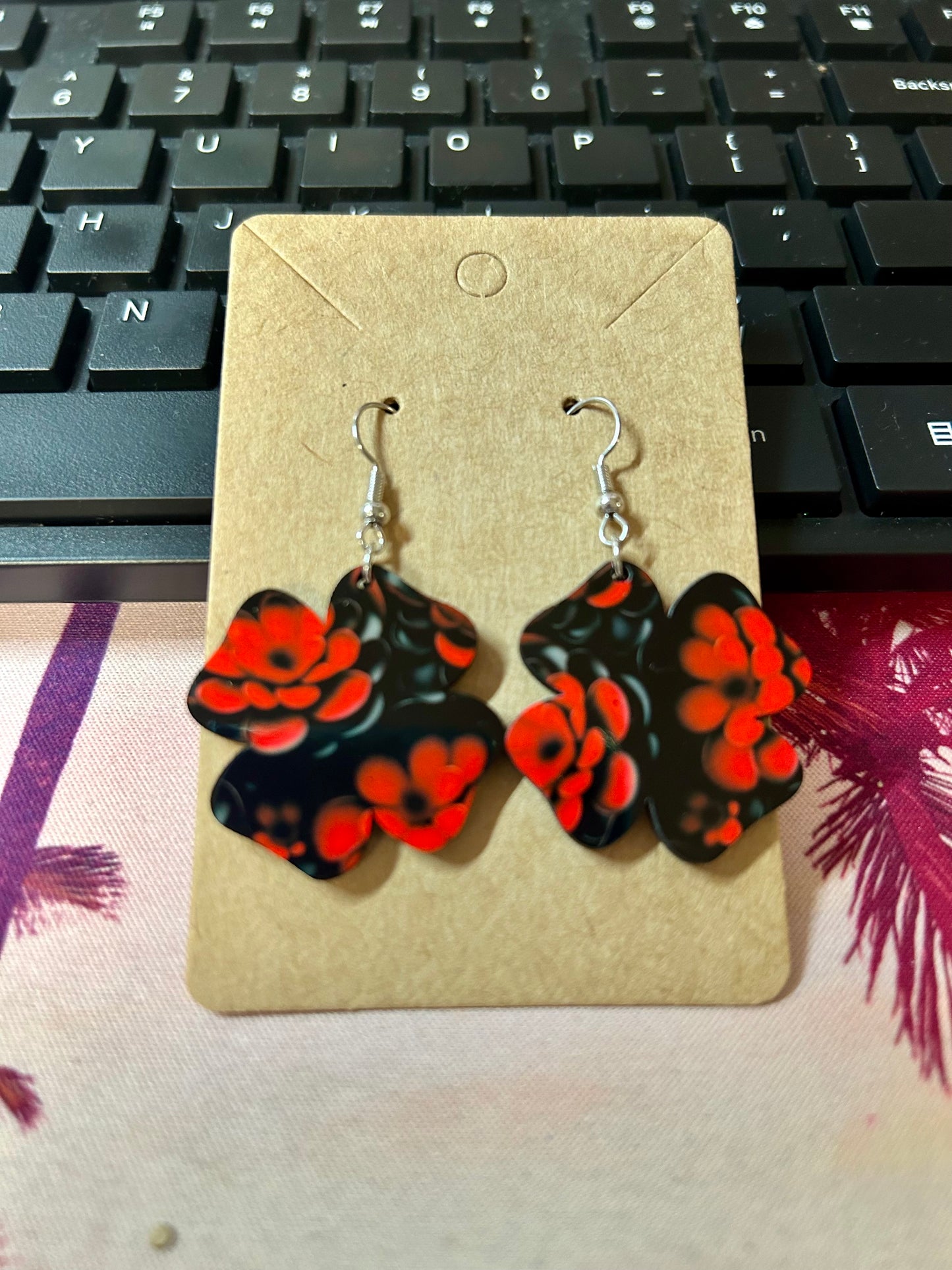 Clover Earrings-Red Floral