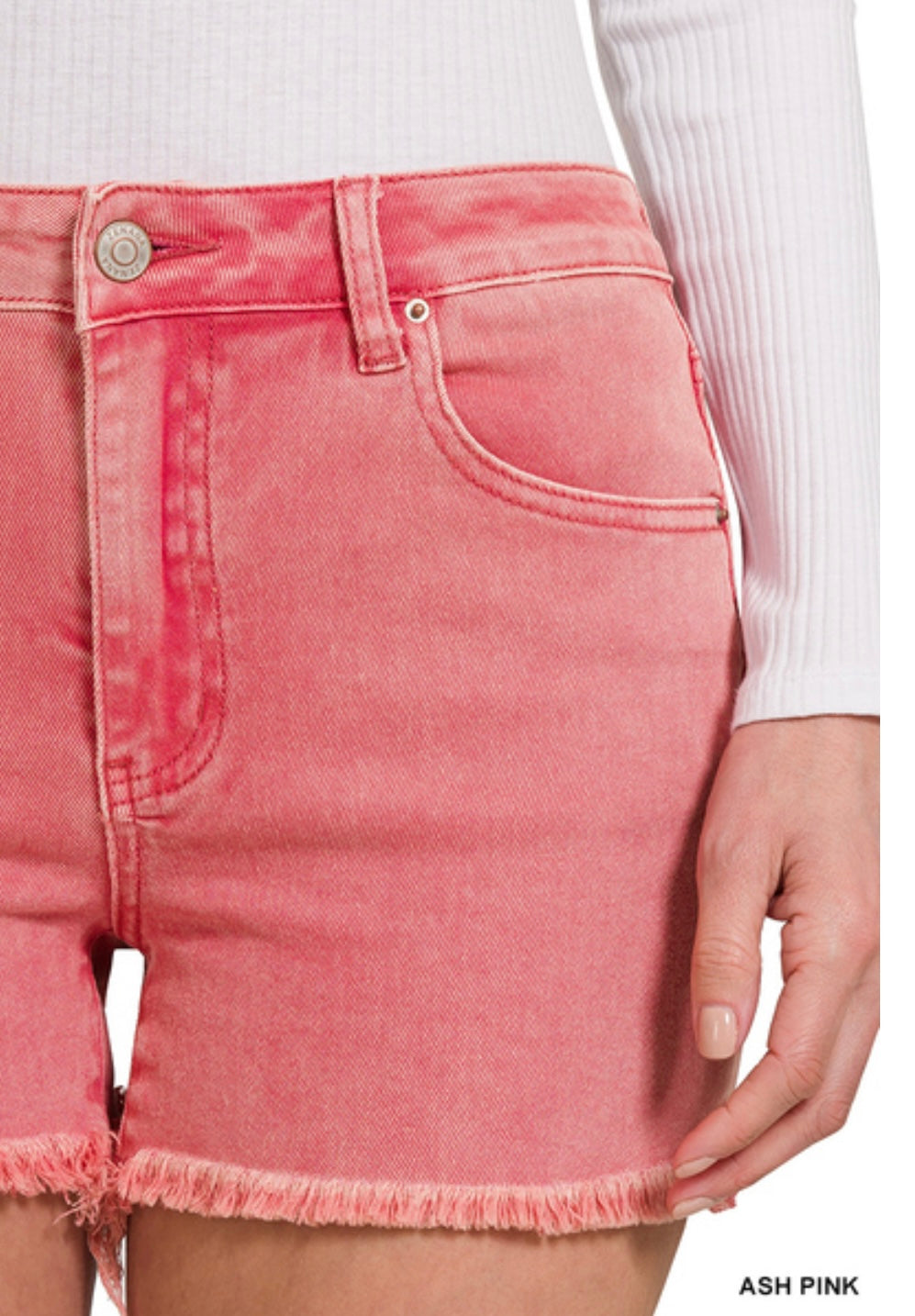 Zenana Washed Frayed Denim Shorts-Pink