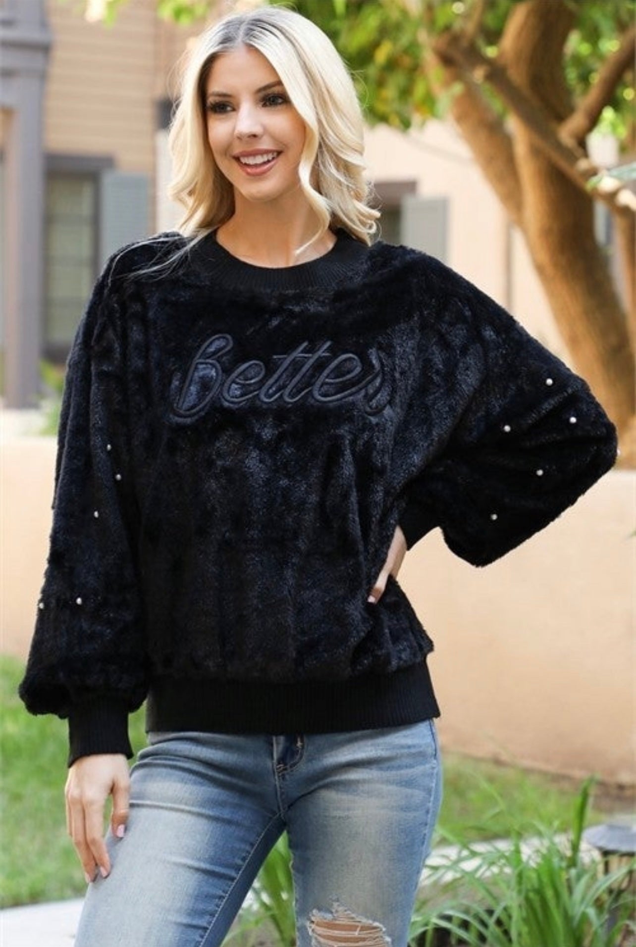 Pearl Sleeve Plush Sweater-Black