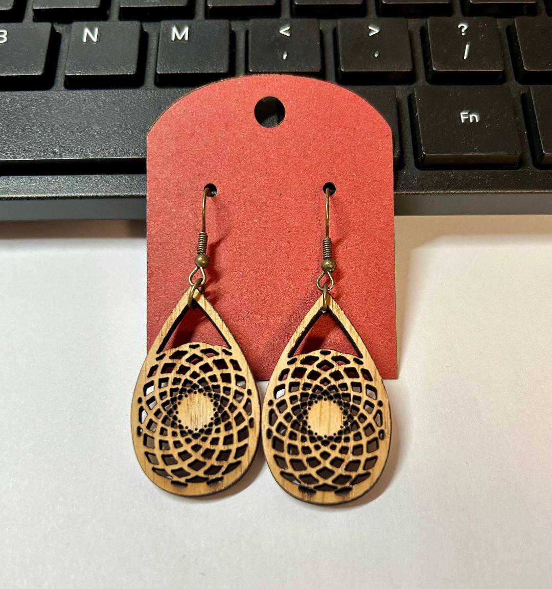 Teardrop Wood Carved Earrings-Mandala