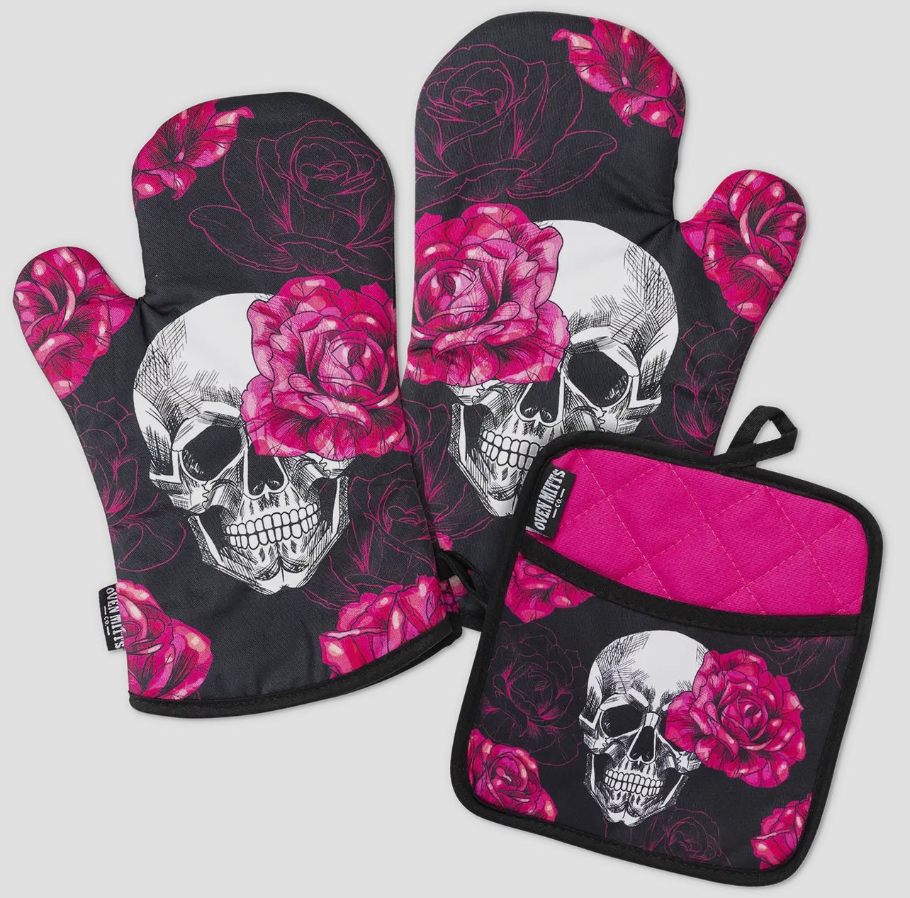Pink Skull & Roses Oven Mitts & Potholder Set