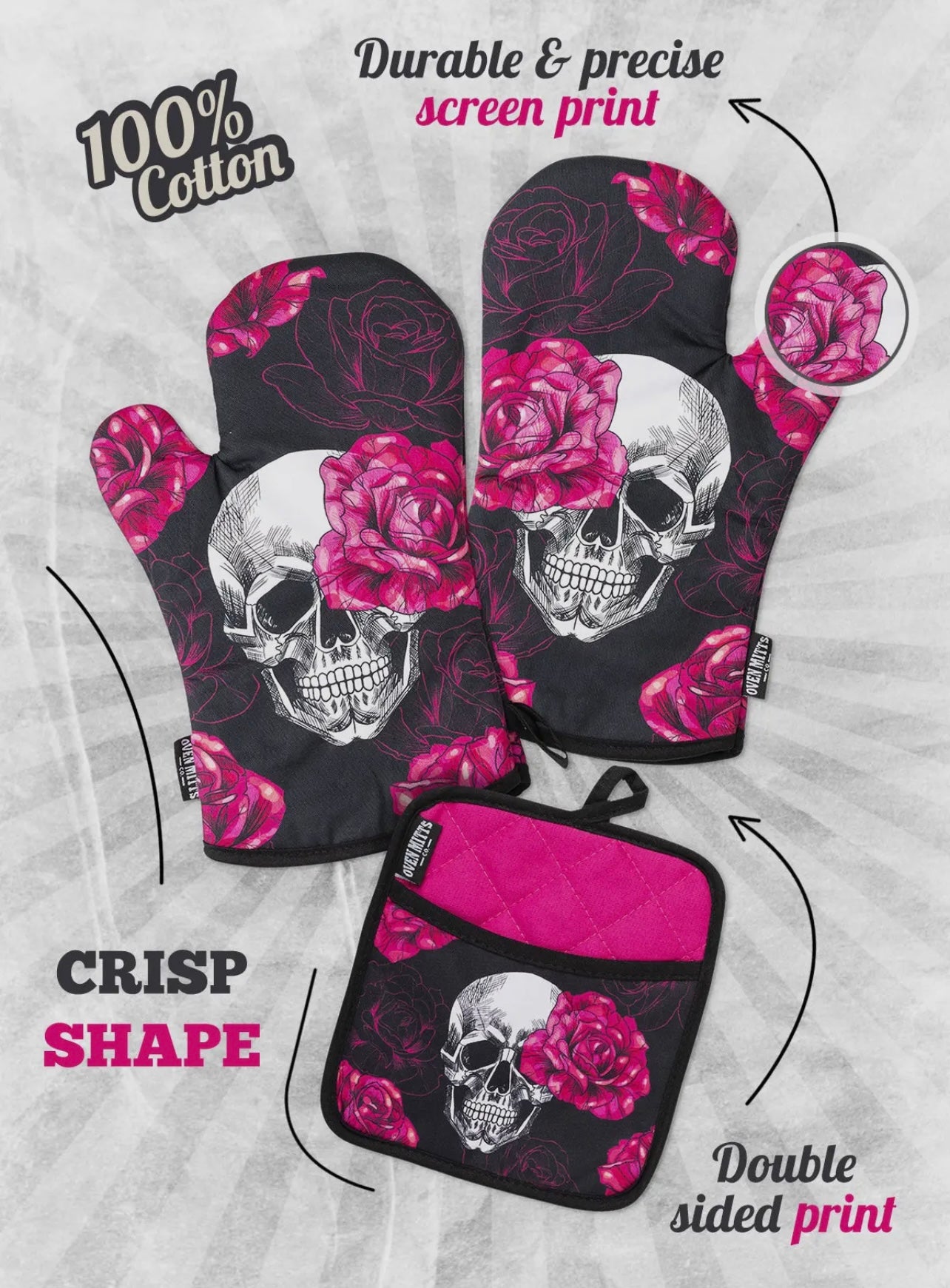 Pink Skull & Roses Oven Mitts & Potholder Set