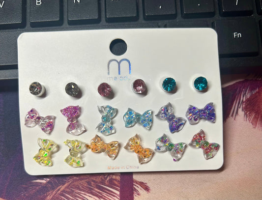 Glitter Bows & Rhinestone Stud Earring Set