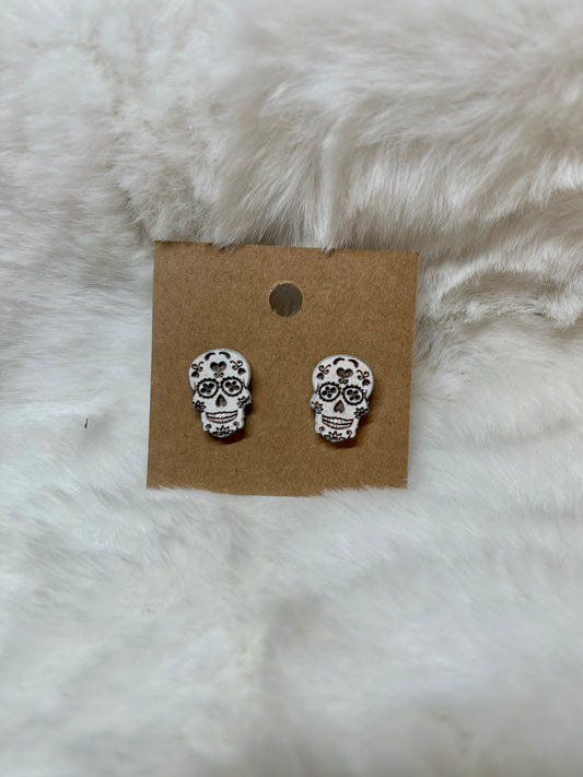 Wood Carved Skull Earrings