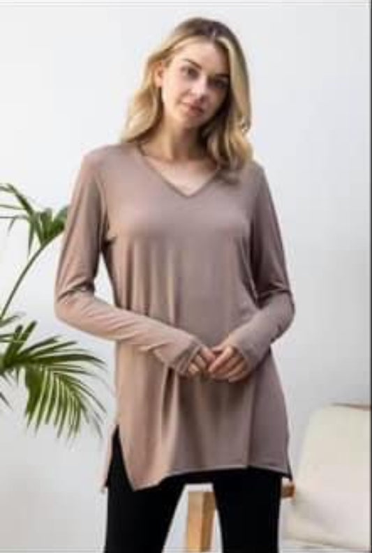 Tan V-Neck Top With Thumbholes