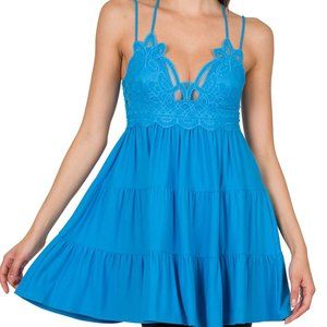 Zenana Crochet Ruffle Cami Top-Blue